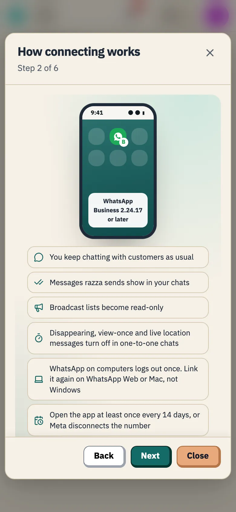 What changes in the WhatsApp Business app once the number is connected