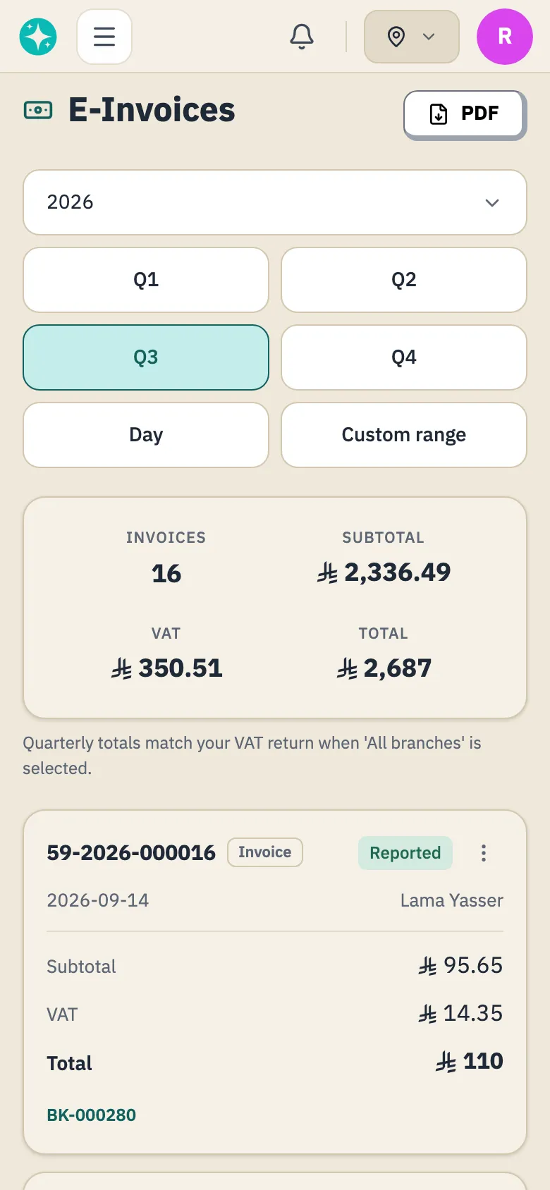 The invoice list, with the status beside each invoice